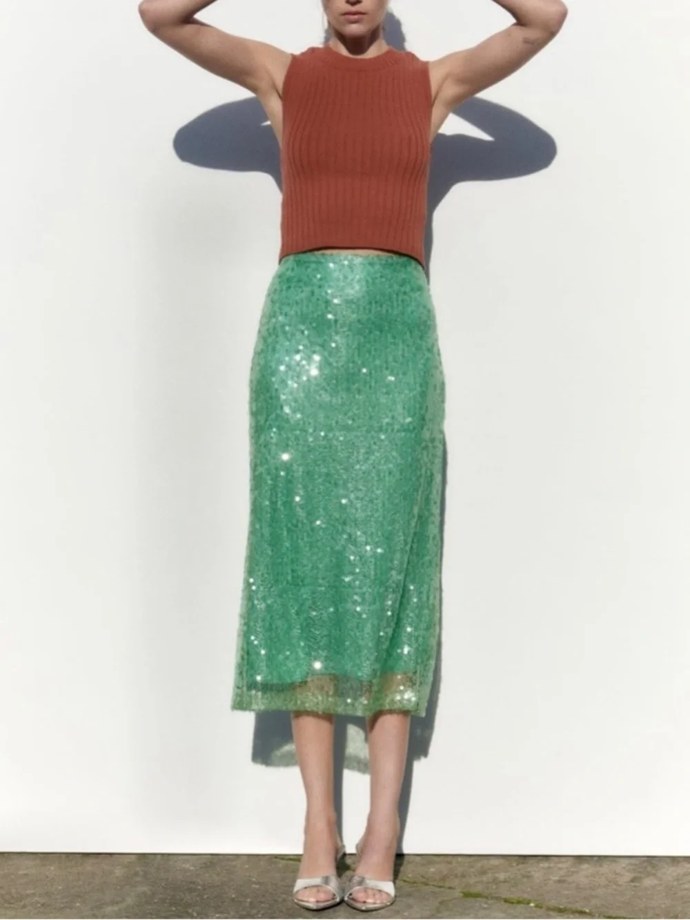 Zara NWT Sequined Sea Green Midi Skirt Size Large Occasions - Picture 1 of 16